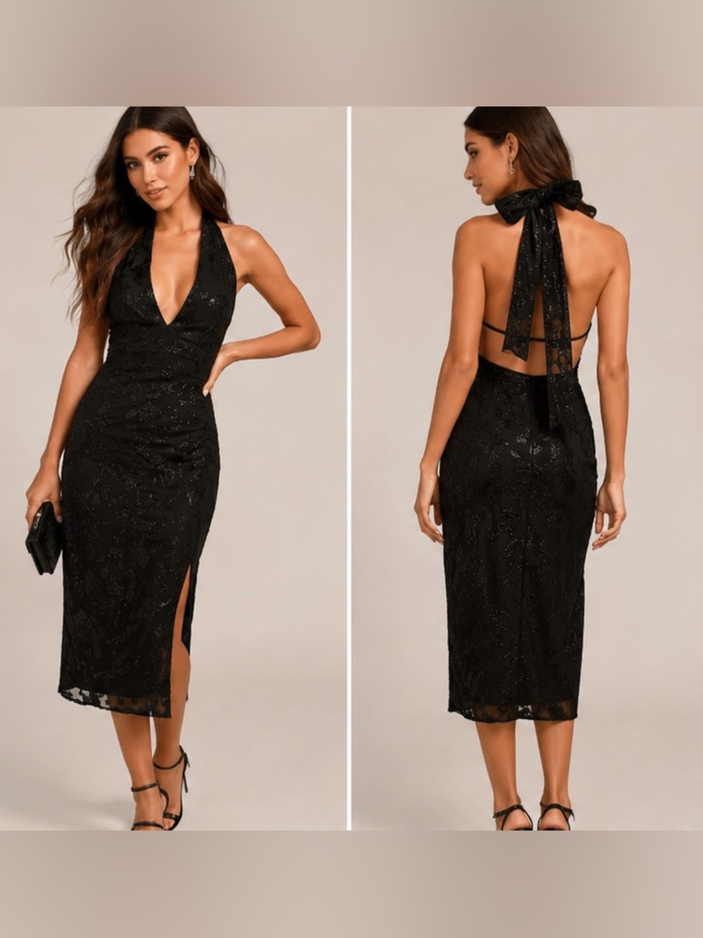Lulus Black Shimmer Floral Halter Backless Midi Dress NWT XS